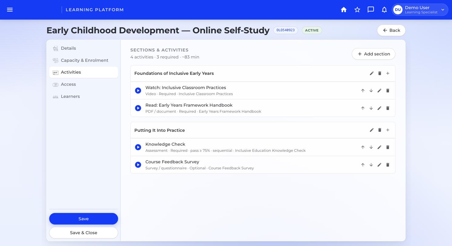 Offering editor showing sections and activities with completion rules