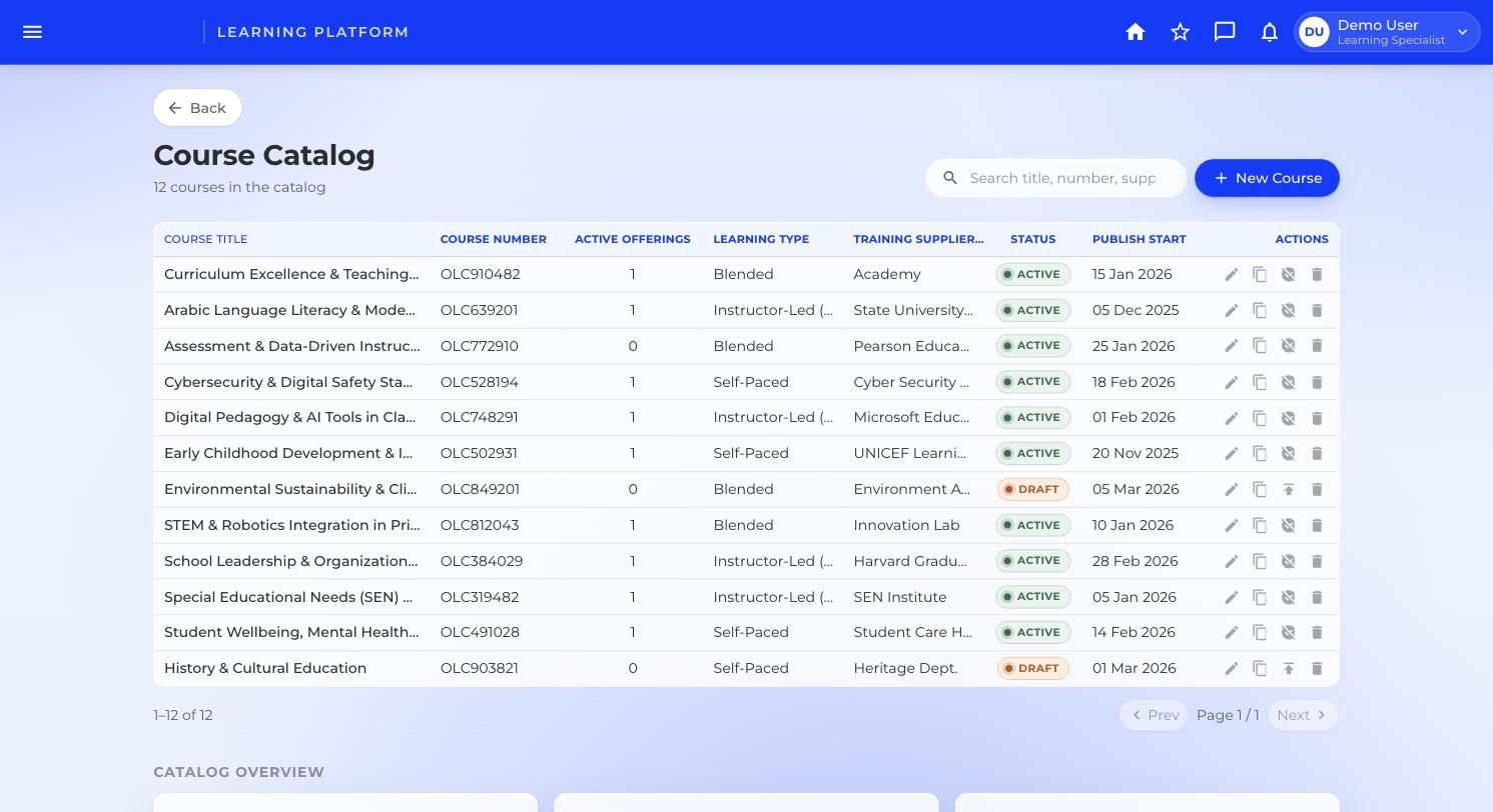 Course catalogue admin table with numbers, delivery types, suppliers and status