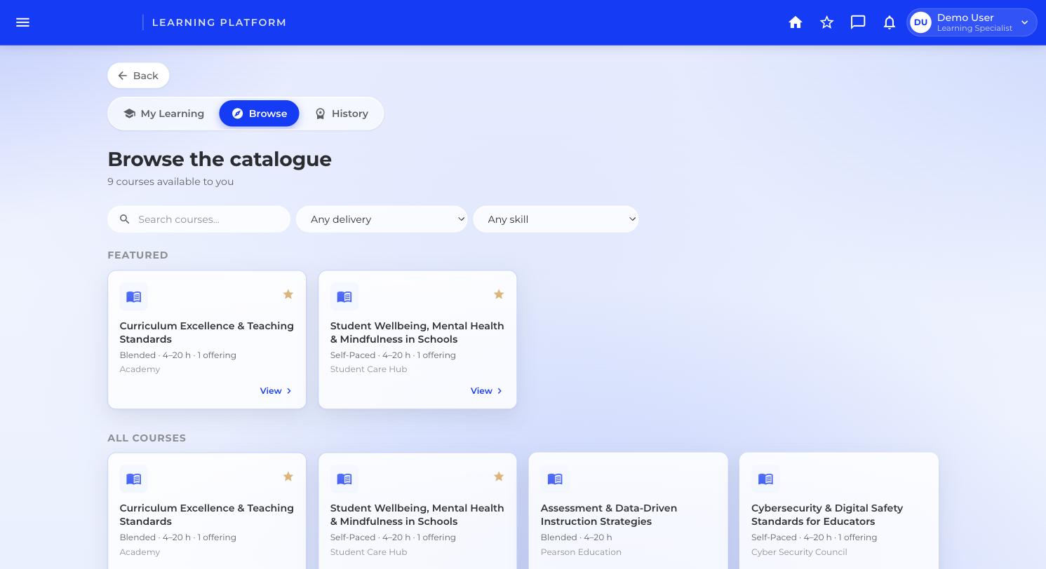 Learner catalogue with search, delivery and skill filters, featured and all courses