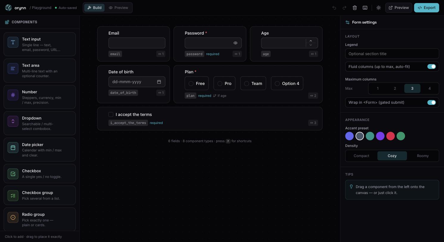The playground — component palette, form canvas and settings inspector