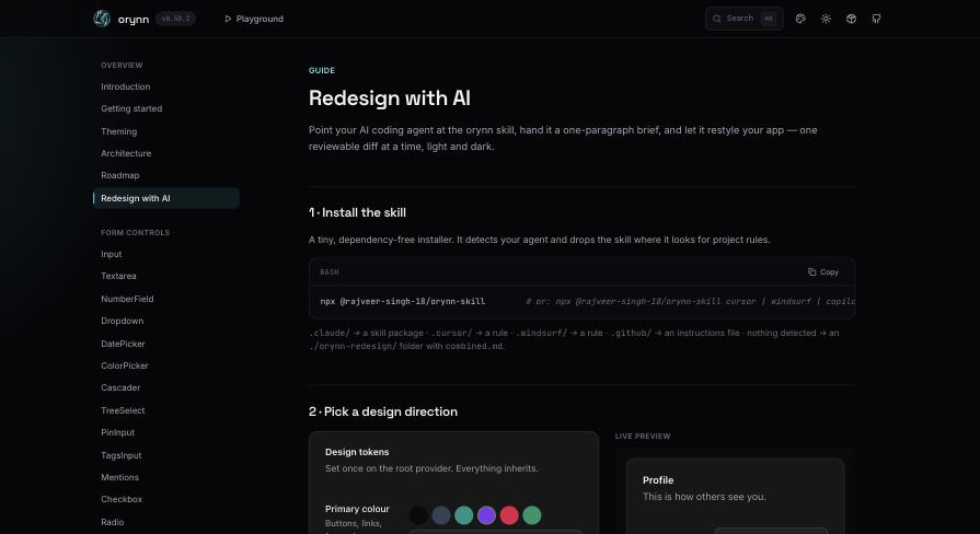 The Redesign with AI guide — install the skill, pick a design direction, live preview