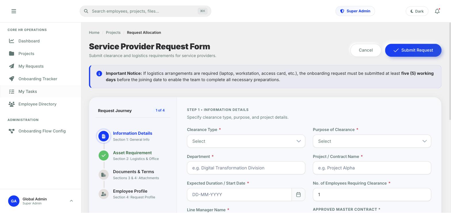 Service provider request form — a four-step journey with information details, asset requirement, documents and employee profile